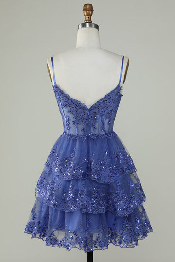 Cute A Line Spaghetti Straps Dark Blue Sparkly Corset Homecoming Dress with Sequins